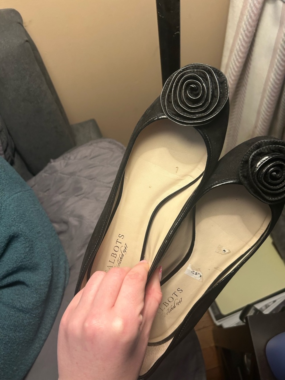 Talbots Black Leather Rose-Embellished Ballet Flats